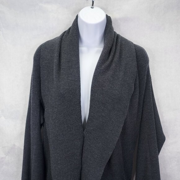 Threads by Saks Fifth Ave Cardigan Women Small Italian Merino Wool Grey Rib Knit - Picture 2 of 11